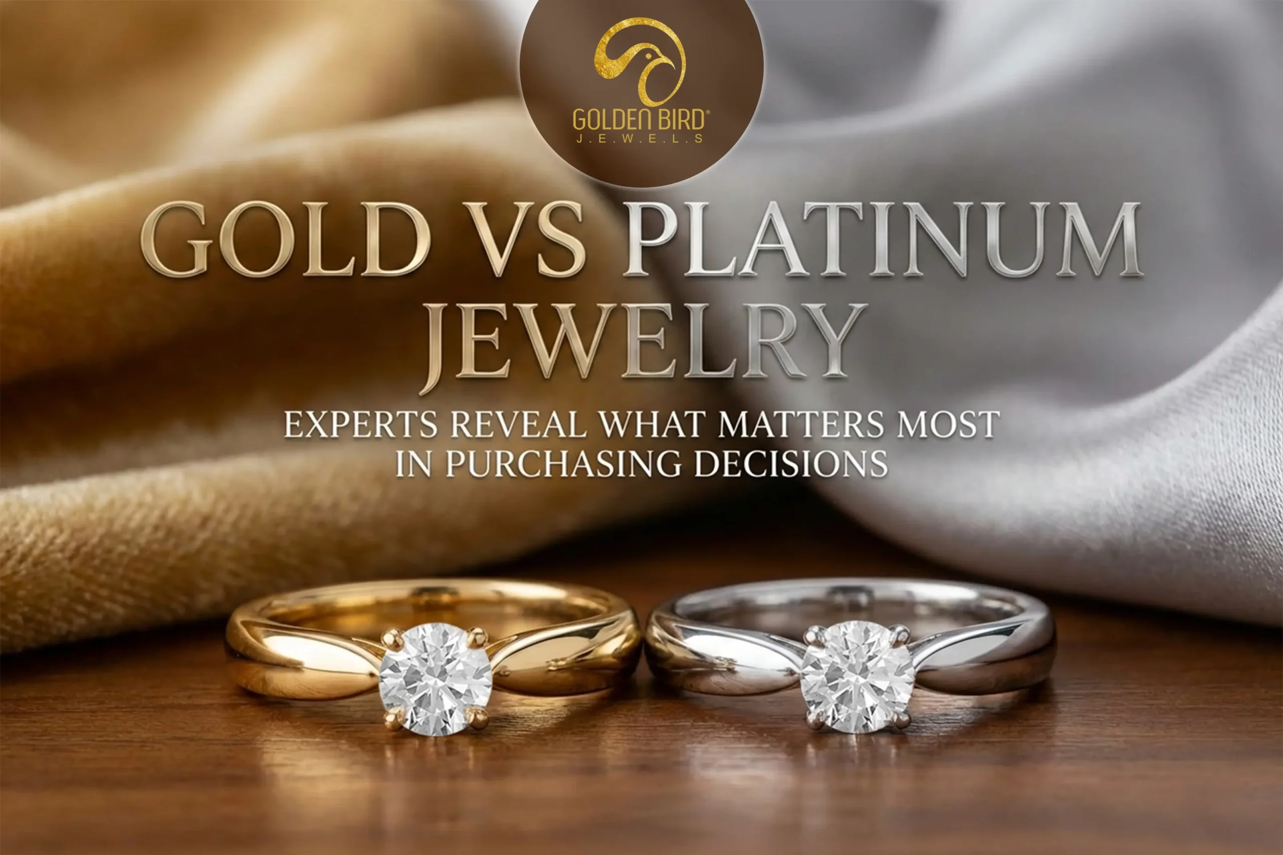 Gold vs platinum jewelry comparison by Golden Bird Jewels showcasing premium rings and earrings